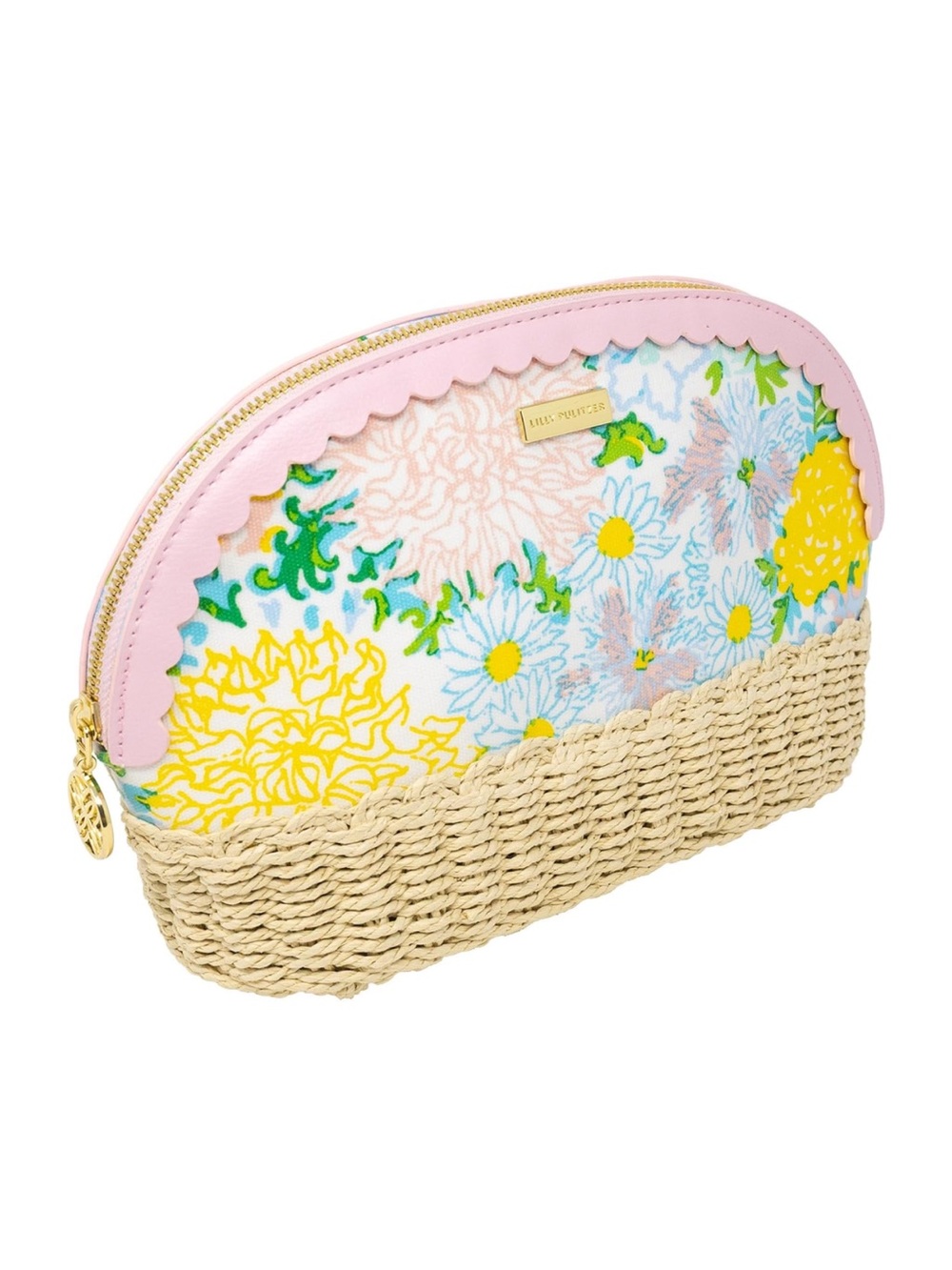 New Lilly Pulitzer Pastel Floral Straw Scalloped Zipper Makeup Toiletry Pouch